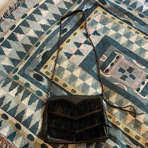 Black leather crossbody with suede fringe